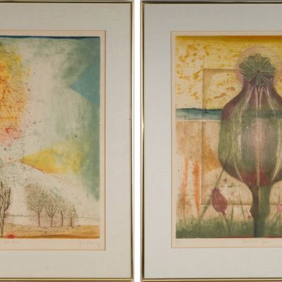 Sale Photo Thumbnail #327: Rene Marcel Carcan, Belgian 1925-1993, The Sketch Poppy and Vibration, Color Etching
