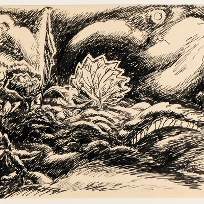 Sale Photo Thumbnail #123: Wanda Gag Landscape w/ Moon Pen & Ink Drawing 1924