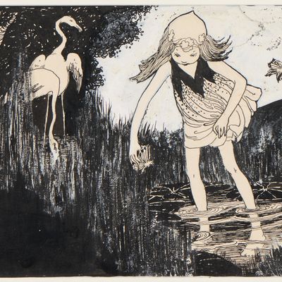 Sale Photo Thumbnail #122: Wanda Gag Girl & Crane MM Ink & Gouache Drawing