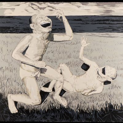 Sale Photo Thumbnail #83: Yue Minjun "Two Men in Field" Serigraph & Woodcut