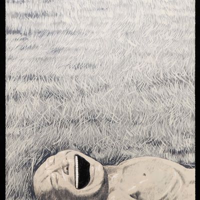 Sale Photo Thumbnail #84: Yue Minjun "Lying Head Laughing" Serigraph Woodcut