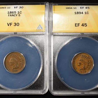 Sale Photo Thumbnail #164: 1865 & 1894 INDIAN HEAD CENTS ANACS EF45-VF30