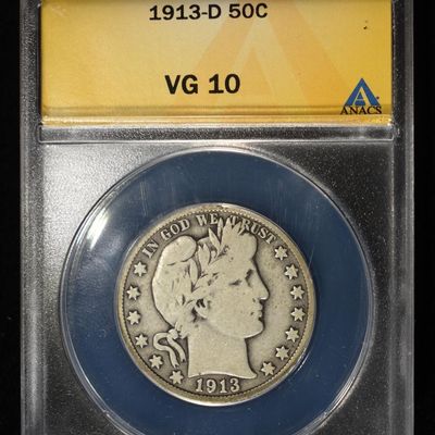 Sale Photo Thumbnail #237: 1913-D BARBER HALF DOLLAR VG 10 ANACS