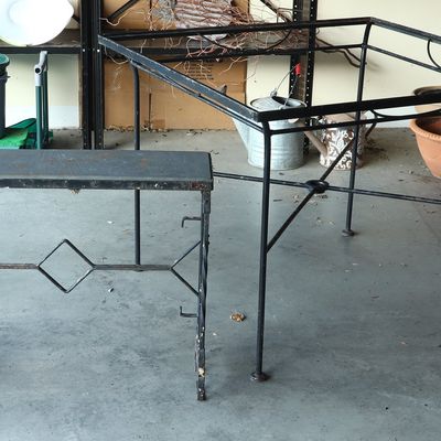 Two Pieces of Wrought Iron Garden Furniture Comprising a Bench and a Table Frame