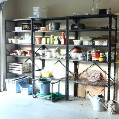 A Three-Unit Five-Tier Steel Storage Shelving System Contents not included