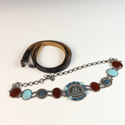 Southwestern Style Mixed-Media Concho Belt with Faux-Turquoise and Reddish-Brown Cabochons