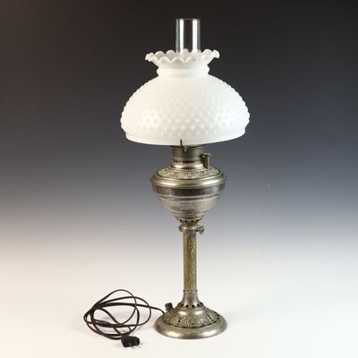 Converted The Gladstone Metal Pedestal Lamp with White Hobnail Milk Glass Shade