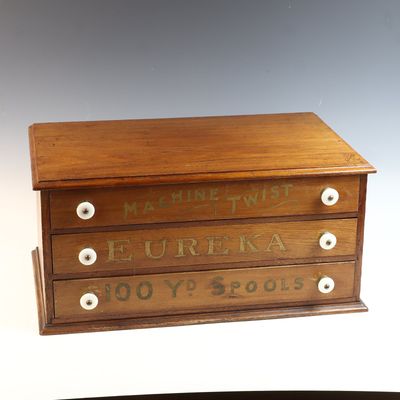 Antique Eureka Three-Drawer Wooden Spool Cabinet