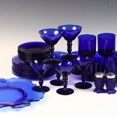 A Collection of Approximately 30 Pieces of Cobalt Blue Glassware