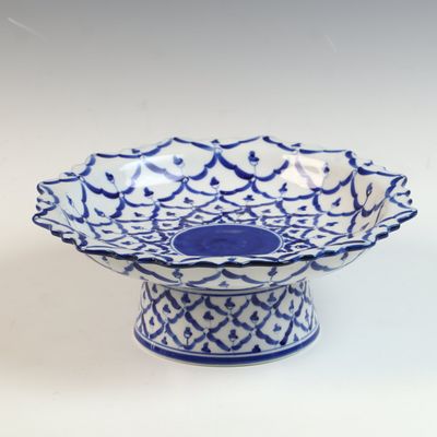 Thai Blue and White Porcelain Pedestal Bowl in Pineapple Pattern