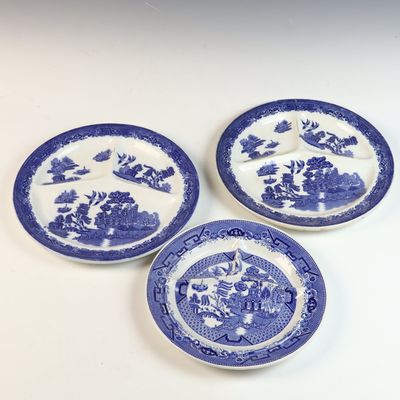 A Trio of Blue Willow Ceramic Plates including John Steventon and Sons Grill Plates and a Jackson Vitrified China Plate