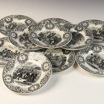 A Set of Ten Boch Freres Napoleonic War Black Transfer-Printed Earthenware bowls