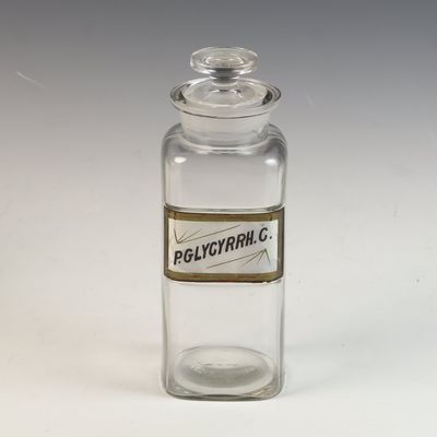 Antique Rectangular Glass-Under-Label Apothecary Jar with Original Stopper