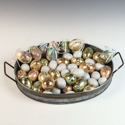 Collection of Decoupage, Metallic-Finish, and Speckled Decorative Eggs in a Galvanized Metal Tray
