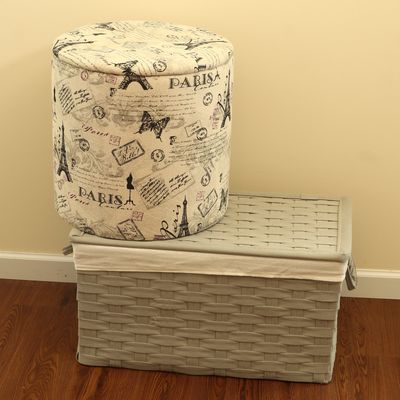 Two Household Storage Items Including Parisian Motif Ottoman and Woven Chest