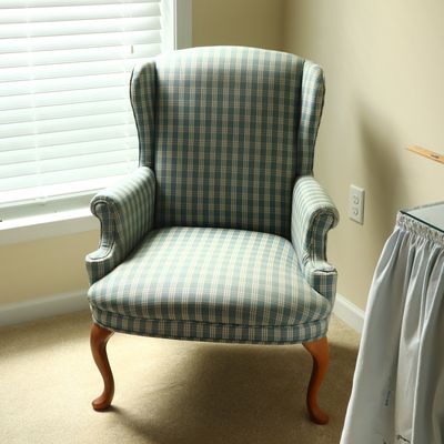 Queen Anne Style Plaid Upholstered Wingback Armchair
