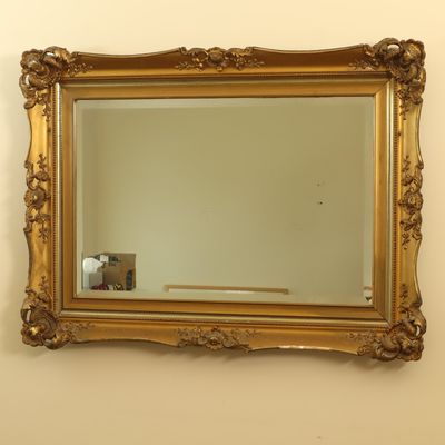 Large Ornate Rococo Revival Style Gilded Beveled Wall Mirror