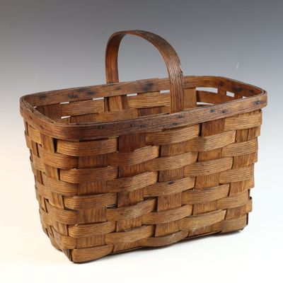 Woven Wood Splint Utility Basket with Fixed Bentwood Handle