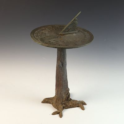 Cast Metal Garden Pedestal Sundial with Faux-Bois Base and Father Time Motif