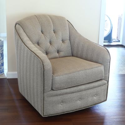 Swivel Barrel Armchair with Herringbone Upholstery and Nailhead Trim