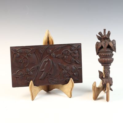 Two Hand-Carved Dark Wood Decorative Architectural Elements