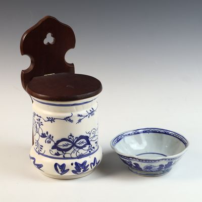 A Blue and White Ceramic Salt Box and Companion Bowl in the Blue Onion Pattern