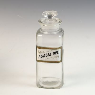 Vintage Glass Apothecary Jar with Ground Glass Stopper and Acacia Opt. Label