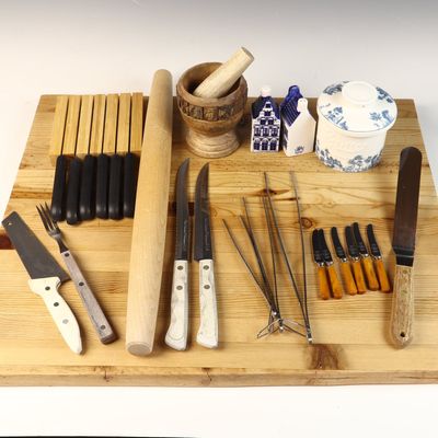 An Assortment of Vintage Kitchen Cutlery including Flint Stainless Vanadium Knives and Decorative Ceramics