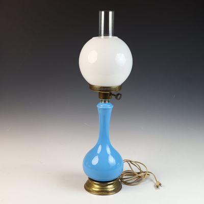 Electrified Blue Opaline Glass Oil Style Table Lamp with Milk Glass Globe