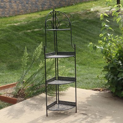Four-Tier Wrought Metal Corner Bakers Rack with Scrollwork Detail