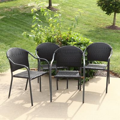 A Set of Four Contemporary Metal and Synthetic Wicker Outdoor Armchairs