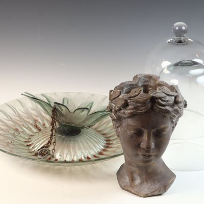 An Assortment of Decorative Glassware and a Neoclassical Style Bust