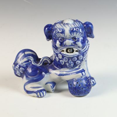 Blue and White Porcelain Guardian Lion Figurine with Brocade Ball and Cub
