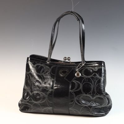 Coach Black Patent Leather Signature C Kiss-Lock Carryall Tote Bag
