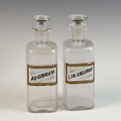 A Pair of W. T. Co. Antique Glass Apothecary Bottles with Under-Glass Labels