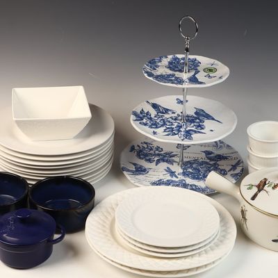 A Collection of Porcelain and Stoneware Tableware including a Three-Tier Cake Stand and Bird Motif Cookware