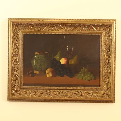 Still Life Oil Painting of Fruit and Ceramic Vessel in Ornate Gilt Frame