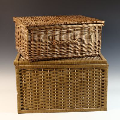 Two Graduated Rectangular Lidded Woven Storage Baskets