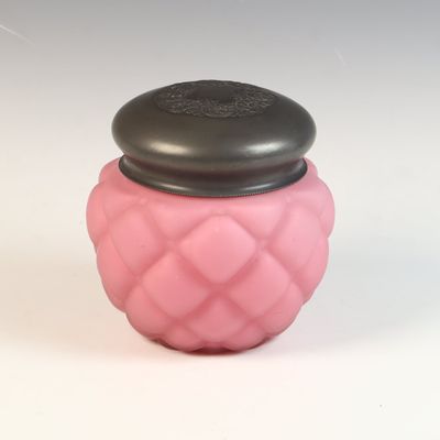 Victorian Pink Cased Satin Glass Diamond Quilted Condiment Jar with Metal Lid
