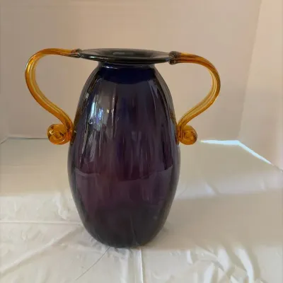Vintage Amethyst Blenko Glass Double-Handled Vase, 10” H