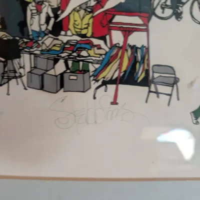 Sale Photo Thumbnail #95: Framed mid-century style illustration depicting an outdoor market scene, featuring a signature by the artist Stebbins.
