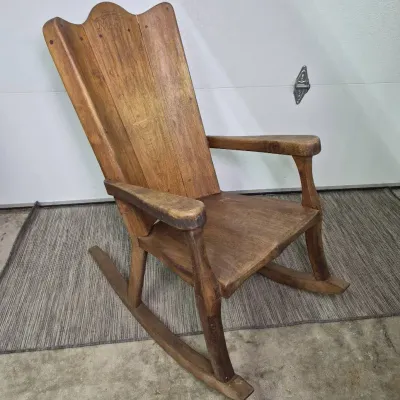 Vintage Handcrafted Solid Wood Rocking Chair with High Slat Back & Carved MIT Mark