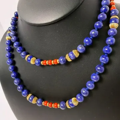Lapis Lazuli, Coral-Style & 14K Gold Bead Necklace - 38"