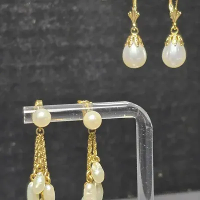 14K Gold Cultured Pearl Dangle Earrings - Two Pairs