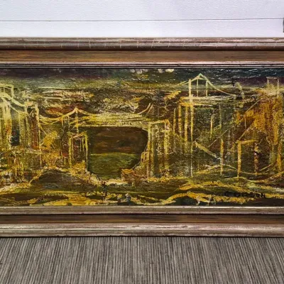 Vintage Mid-Century Abstract Cityscape Oil Painting, Signed “Corson,” Framed 24x47"