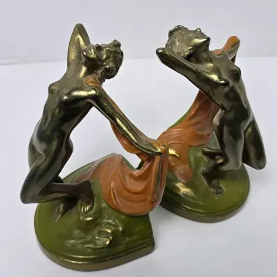 Vintage Art Deco Metal Scarf Dancer Bookends – Nude Nymph Pair, 1930s