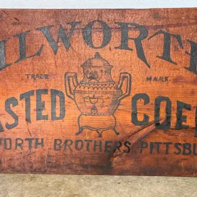 Antique Dilworth’s Roasted Coffee Wooden Crate Panel With Stenciled Lettering & Trade Mark