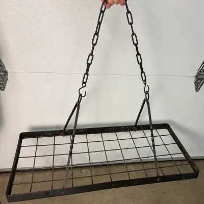 Vintage Industrial Black Metal Ceiling Pot Rack with Grid Design & Hanging Chain