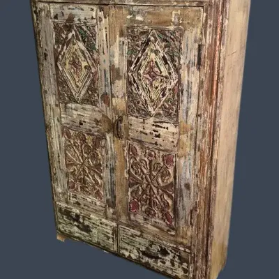 Rustic Carved & Painted Wood Cabinet with Distressed Finish -38x15x58"
