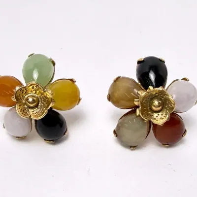 14K Gold Multicolor Gemstone Cabochon Flower Earrings
